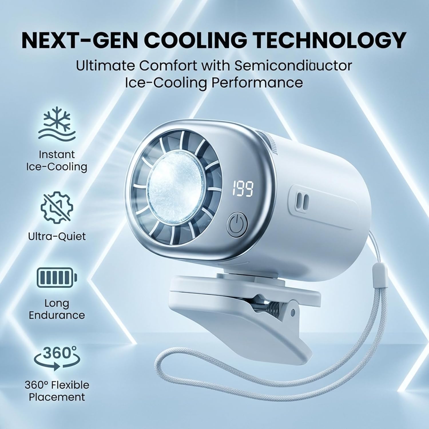 360° Rotating Semi-Cooling Clip Fan, Portable Semiconductor Cooling Fan with LED Display, Strong Clip, Ultra-Quiet Personal Fan, Type-C Rechargeable for Desk, Stroller, Office, Outdoor (White)