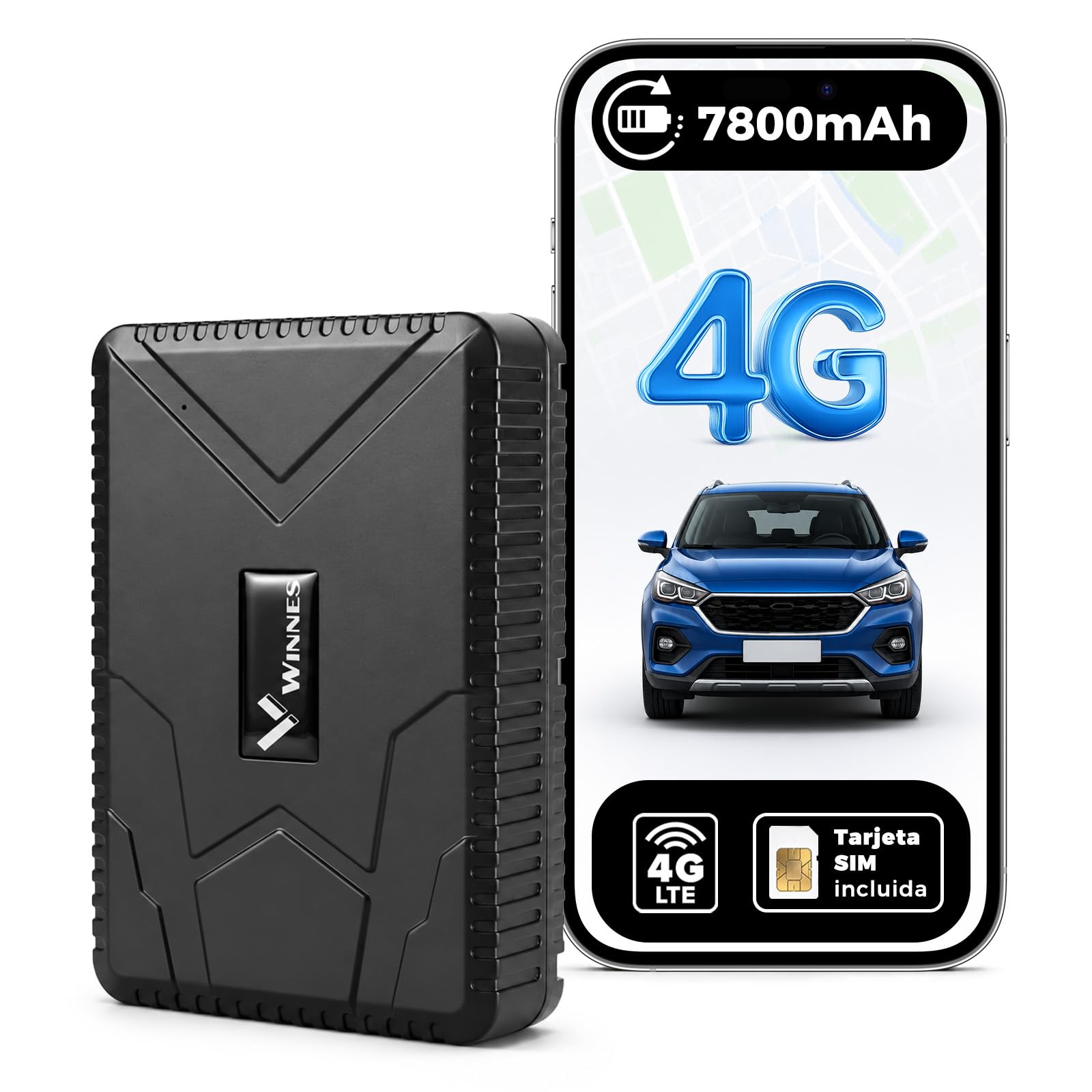 WINNES Localizador GPS para Coche 4G sin Suscripción, Alerta por Vibración y Retirada, Batería 7800 mAh con Imán Potente, Rastreador GPS con Tarjeta SIM Incluida, IP65 Impermeable, Historial 180 Días