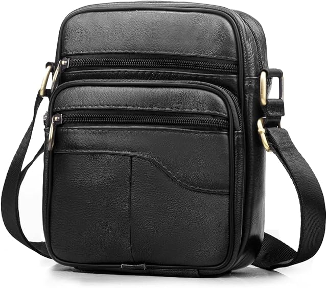 KSIBNW Small Retro Cowhide Leather Shoulder Bag for Men Travel Business Genuine Leather Crossbody Bag Messenger Satchel Side for Wallet Purse Mobile Phone Keys,Gift for Men(Black)