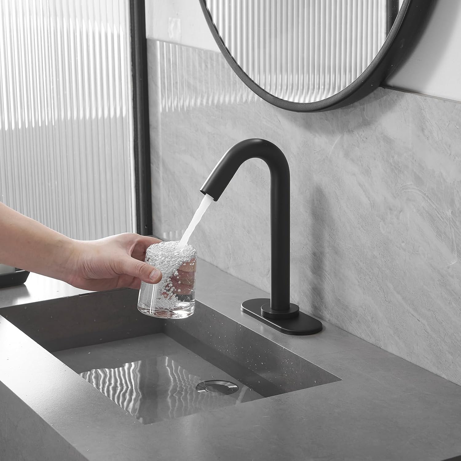 BWE Touchless Bathroom Sink Faucet, Black Automatic Motion Sensor Faucet,Hand-Free Electric Smart Commercial Sink Faucet,with Hole Cover Plate and Control Box,Battery or Plug-in Powered