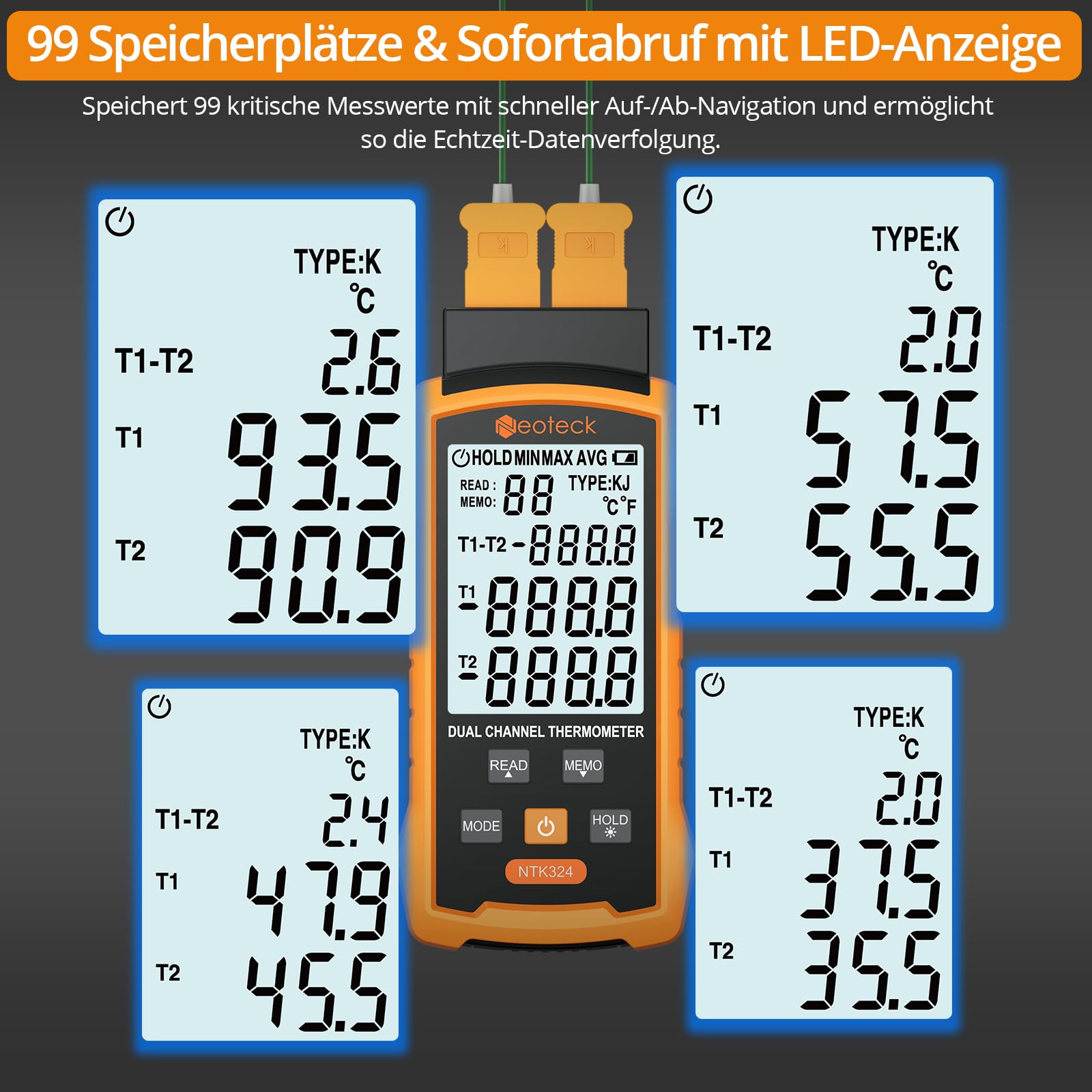 Neoteck Digital Thermoelement Thermometer Dual Kanal K/J Digitales Thermometer mit 4 Thermoelementen -50~1300°C Zweikanal-Temperaturmessgerät für HLK, Automobilen, elektrischer Wartung