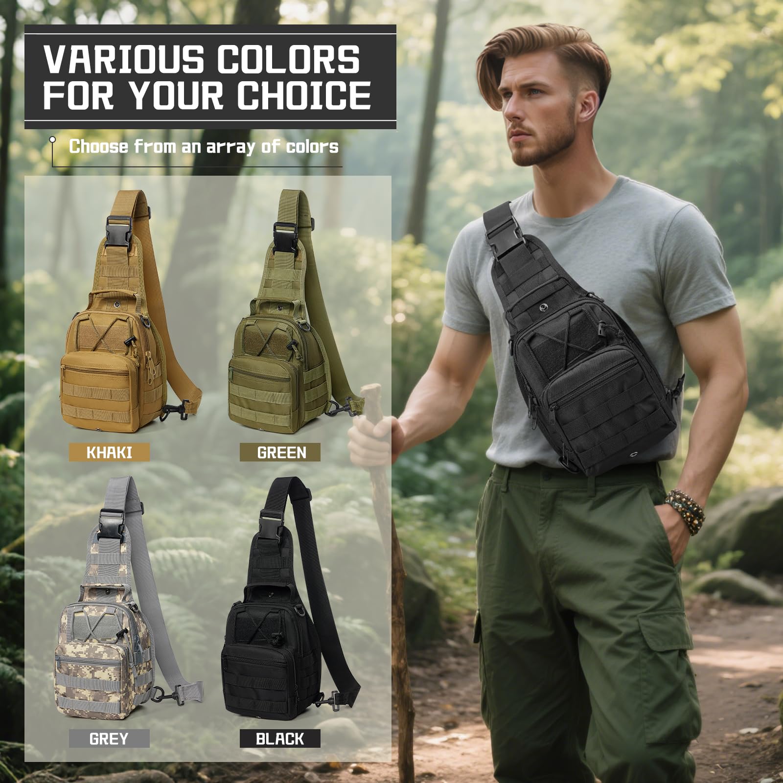 Tactical Sling Bag Backpack for Men, Waterproof Military Crossbody Bag Shoulder Backpack for Hiking, Outdoor Sports, Black
