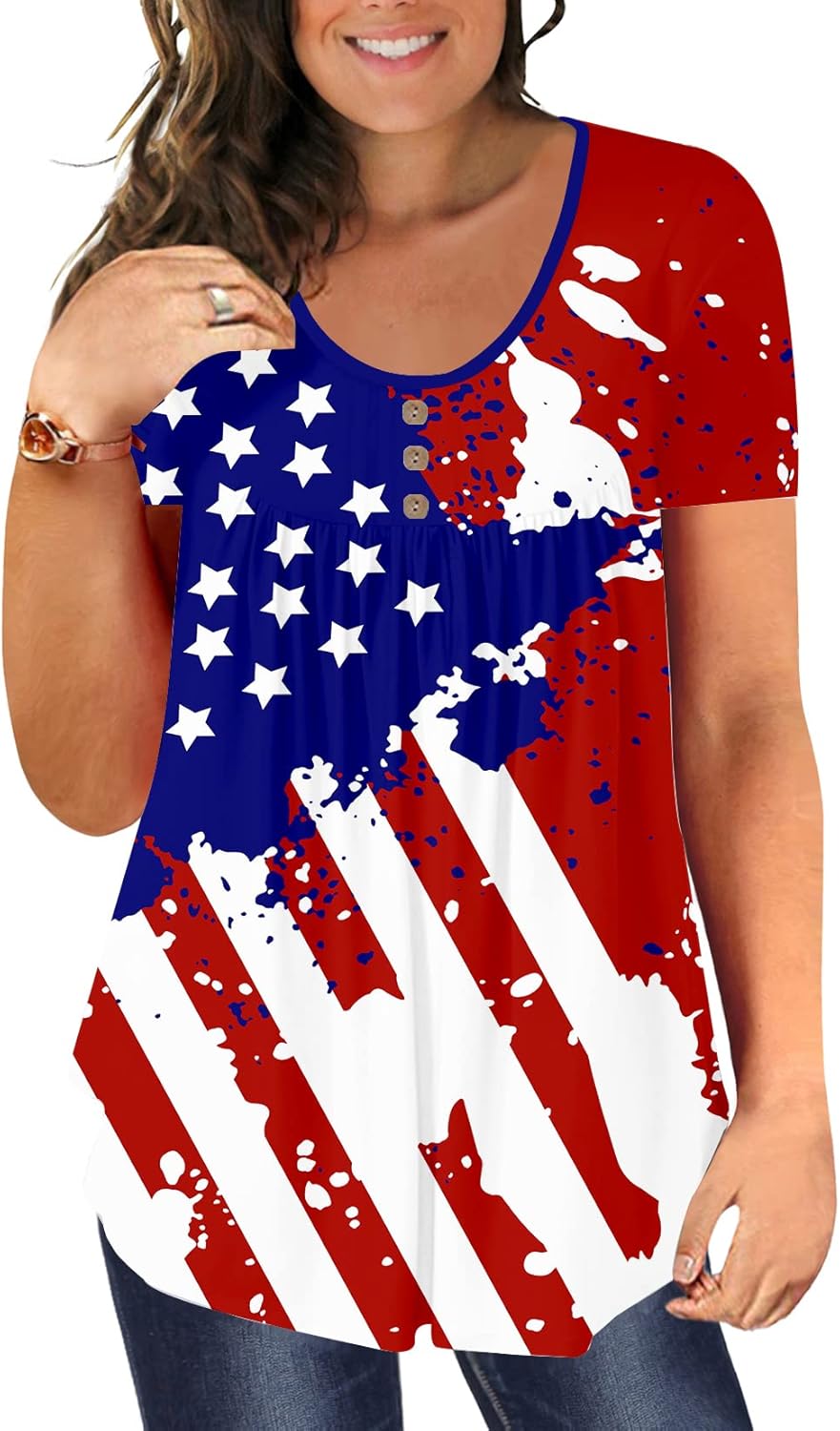 BeadChica Women's Plus Size Tunic Tops Casual Flowy Tshirts Ruched Botton Up Short Sleeve Blouses-Printing-XL