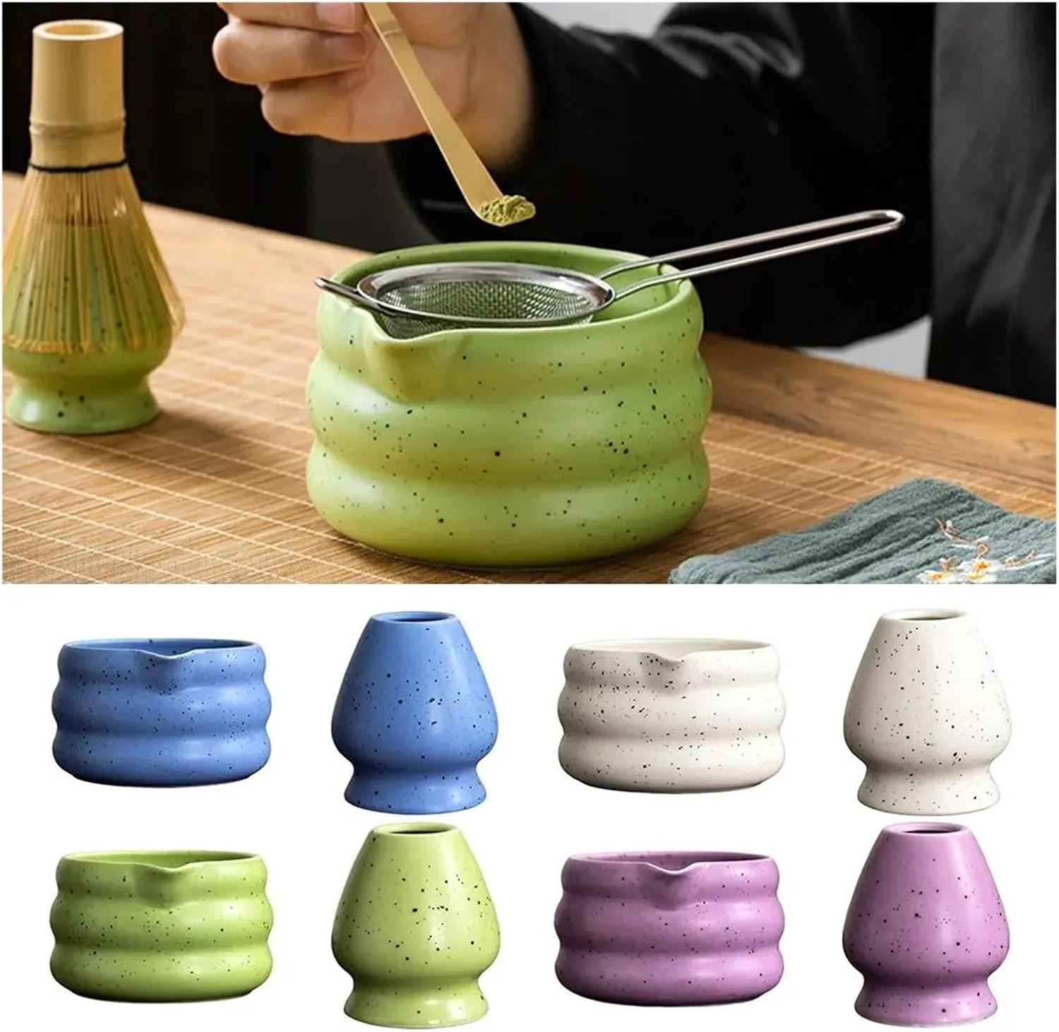 Ceramic Matcha Bowl Sand Dot Smooth Tea Salad Soup Large Capacity Temperature Resistant Whisk Stand(Purple-A)