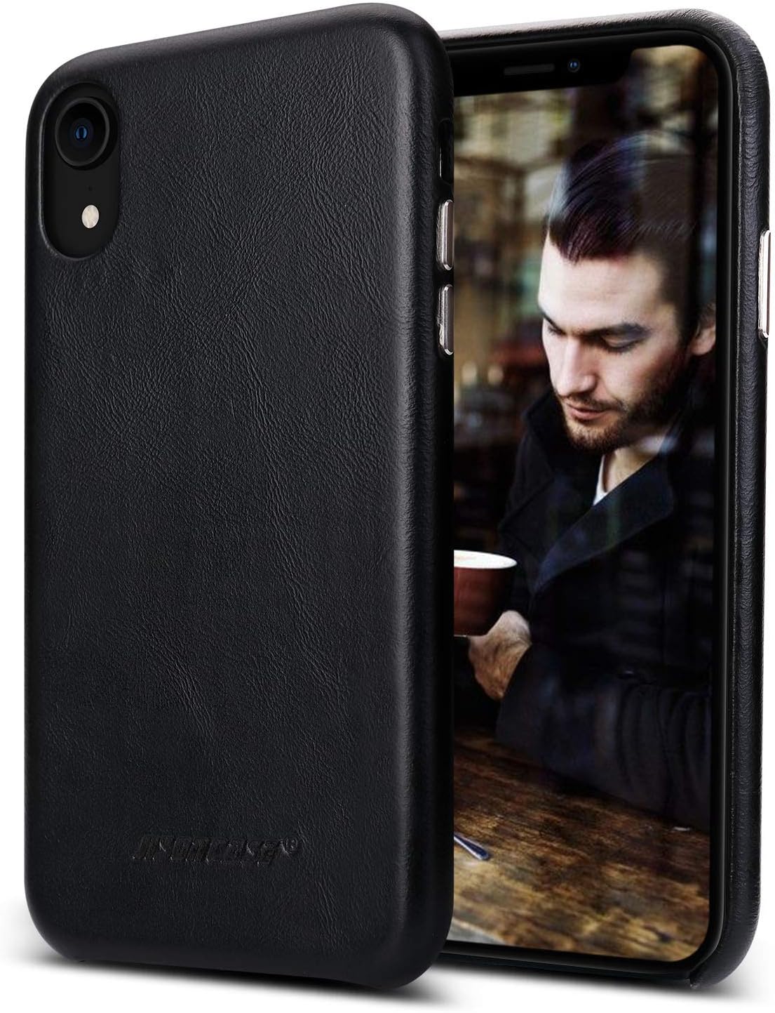 JISONCASE Leather iPhone XR Case, Genuine Leather Case for Apple iPhone XR Shockproof Ultra Thin Hard Back Protective Cover for Apple iPhone XR 6.1 Inch, Support Wireless Charging - Black