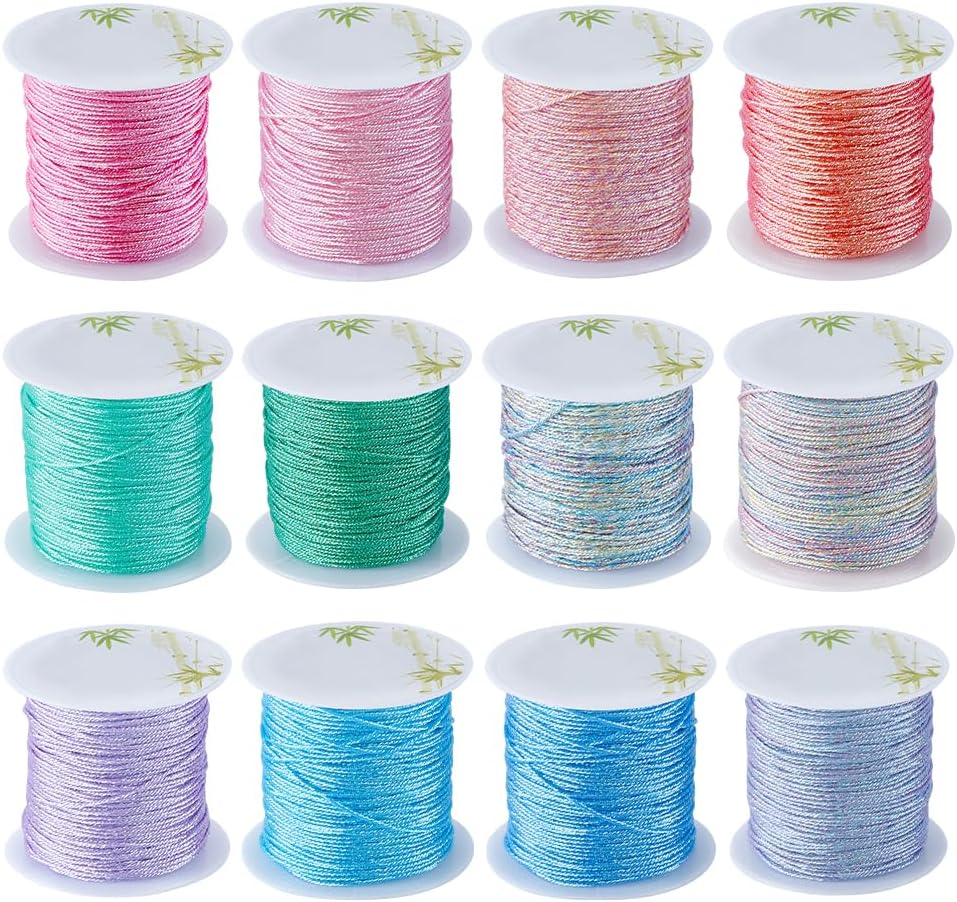 SUNNYCLUE 12 Colors 12-Ply 0.8mm Waxed Polyester Cord Thread Chinese Knotting Cord Glitter Wax Coated Gradient Beading String for Jewelry Making Threads Supplies DIY Bracelet Necklace Sewing Stitching