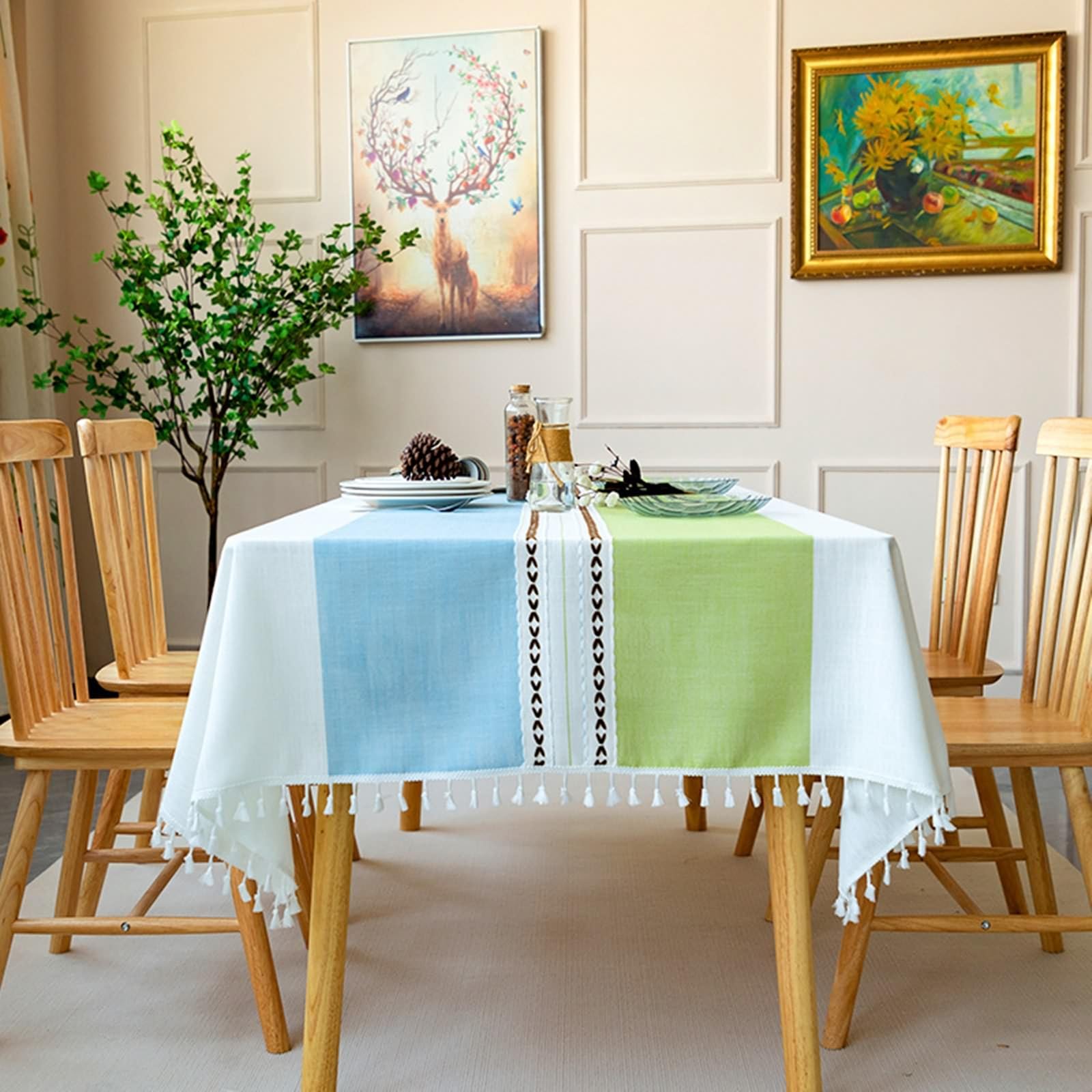Tischdecke Esstisch Modern, Polyester Flickwerkmuster mit Quaste Tischtuch Fleckenschutz, Blau Grün, 140 x 180 cm