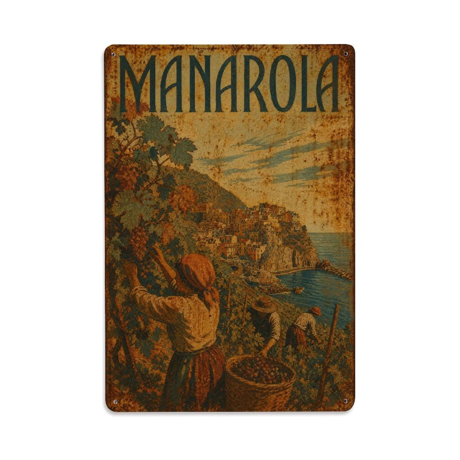 Huiyhb 8X12inch(20X30cm) Vintage Travel Manarola Vineyard Harvest Agricultural Italy Metal Tin Sign