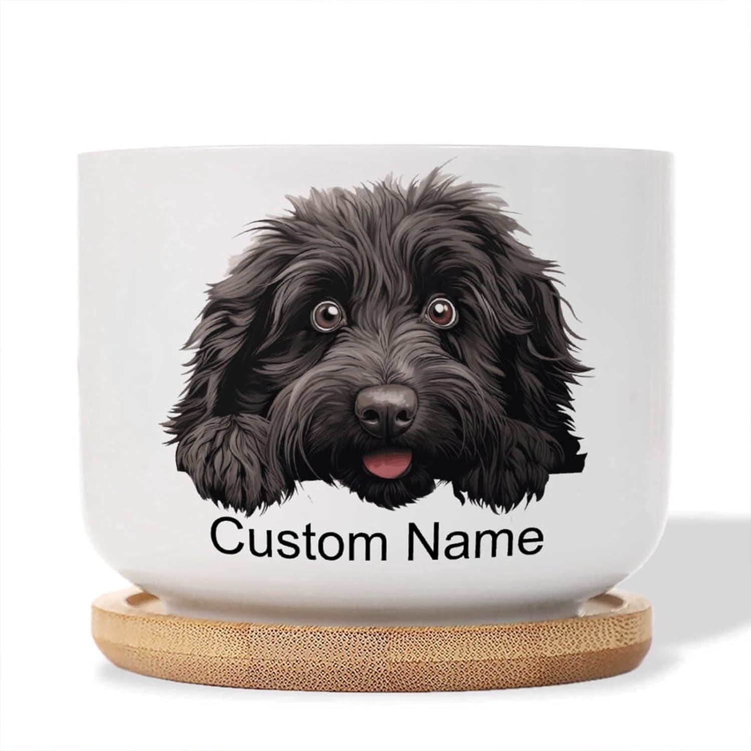 3 Piece Custom Puli Small Ceramic Planters Dog Mom Flower Pot Planter with Drainage Bamboo Trays Puli Cute Funny Peeking Dog Puppy Ceramic Planters
