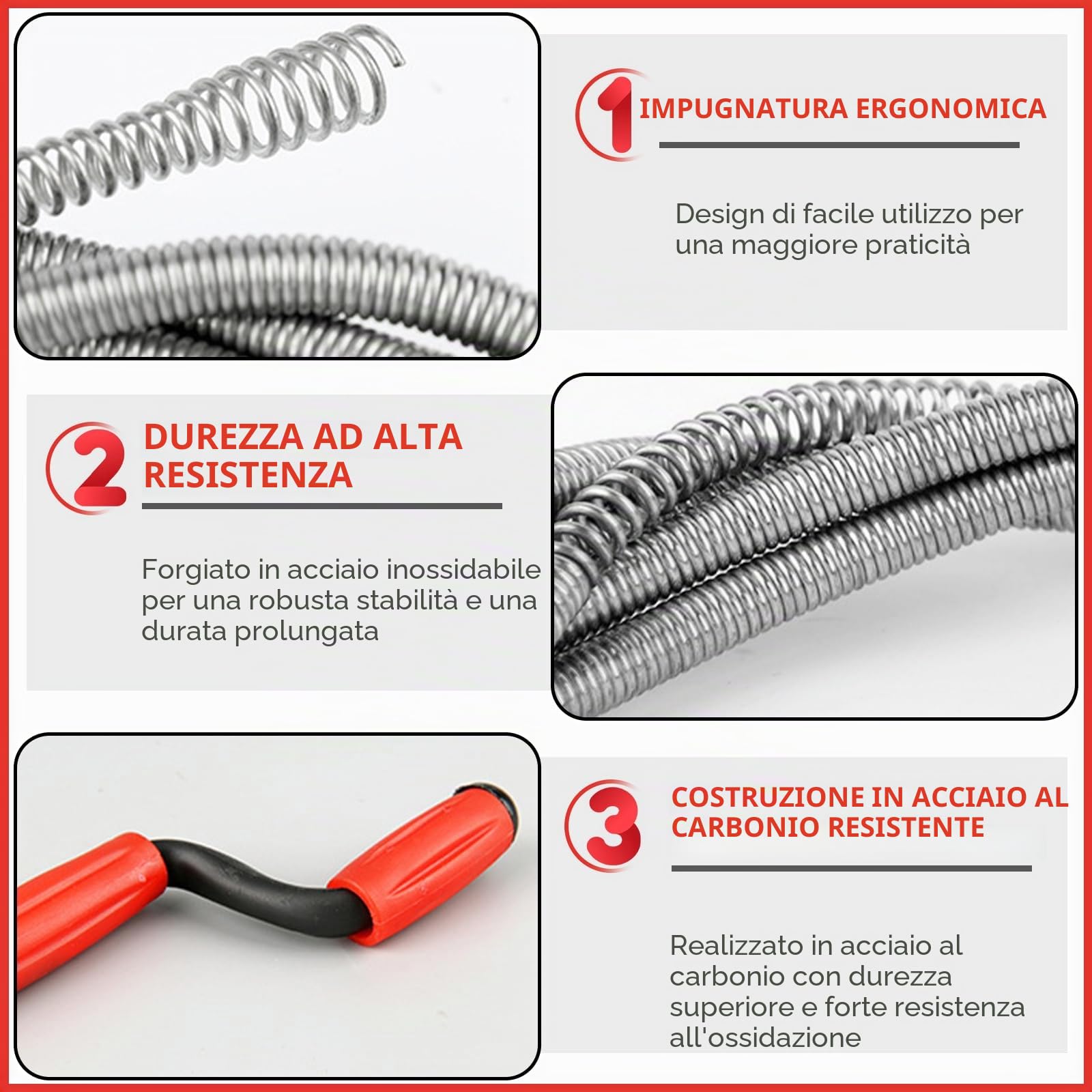 Sonda Sturatubi, Stura Lavandini E Scarichi 2,4 M X 6 MM, Fai Da Te,Molla Sturatubi,Scarico Lavandino Cucina,Scarico Lavandino Bagno,Per Blocchi Ostinati,Per La Pulizia Dei Tubi