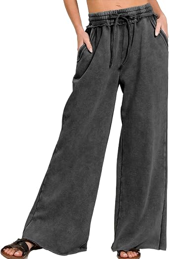 Ainangua Women Acid Wash Palazzo Sweatpants Casual High Waist Drawstring Wide Leg Pants Baggy Fleece Trousers with Pockets