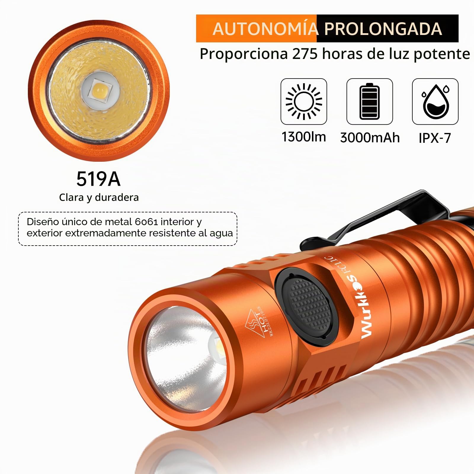Wurkkos FC11C Linterna LED, 1300 Lumen Recargable USB 90CRI, Linterna con Imán en la Parte Inferior de la Luz, Linterna LED Recargable de Alta Potencia (Naranja 5000K)