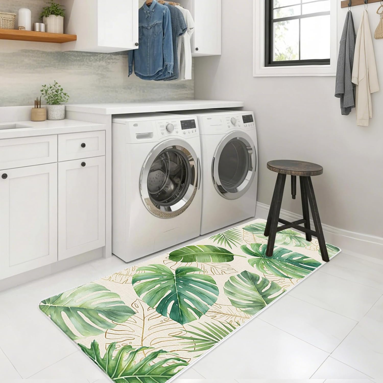 Green Monstera Leaves Kitchen Mats Set of 2 Rustic Tropical Botanical Summer Non Slip Mat Washable Floor Rug for Kitchen Sink Floor Laundry, 20"x24"+20"x48"