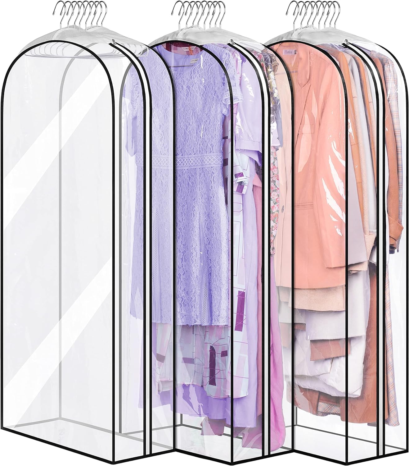 MISSLO 10" Gusseted All Clear Garment Bags for Hanging Clothes 50" Dress Bags for Closet Storage Hanging Clothes Bag for Suit, Coats, Gowns, 3 Packs