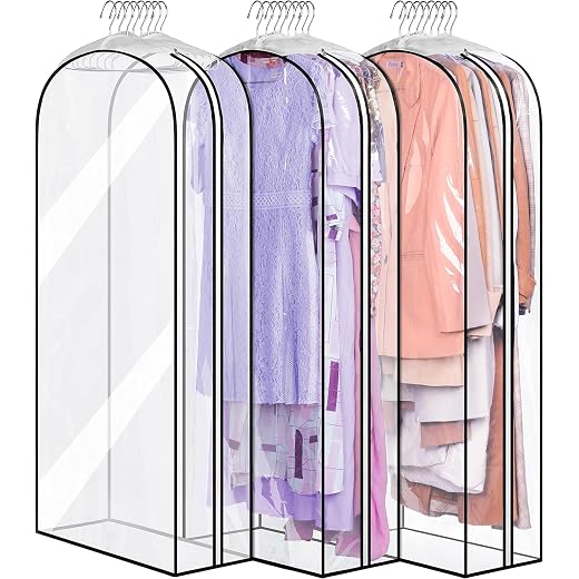MISSLO 10" Gusseted All Clear Garment Bags for Hanging Clothes 50" Dress Bags for Closet Storage Hanging Clothes Bag for Suit, Coats, Gowns, 3 Packs