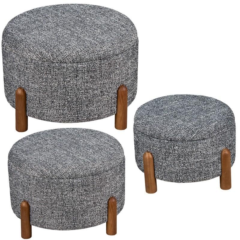 Set de 3 puf de poliéster y madera gris 38x65x65 banqueta reposapiés salón