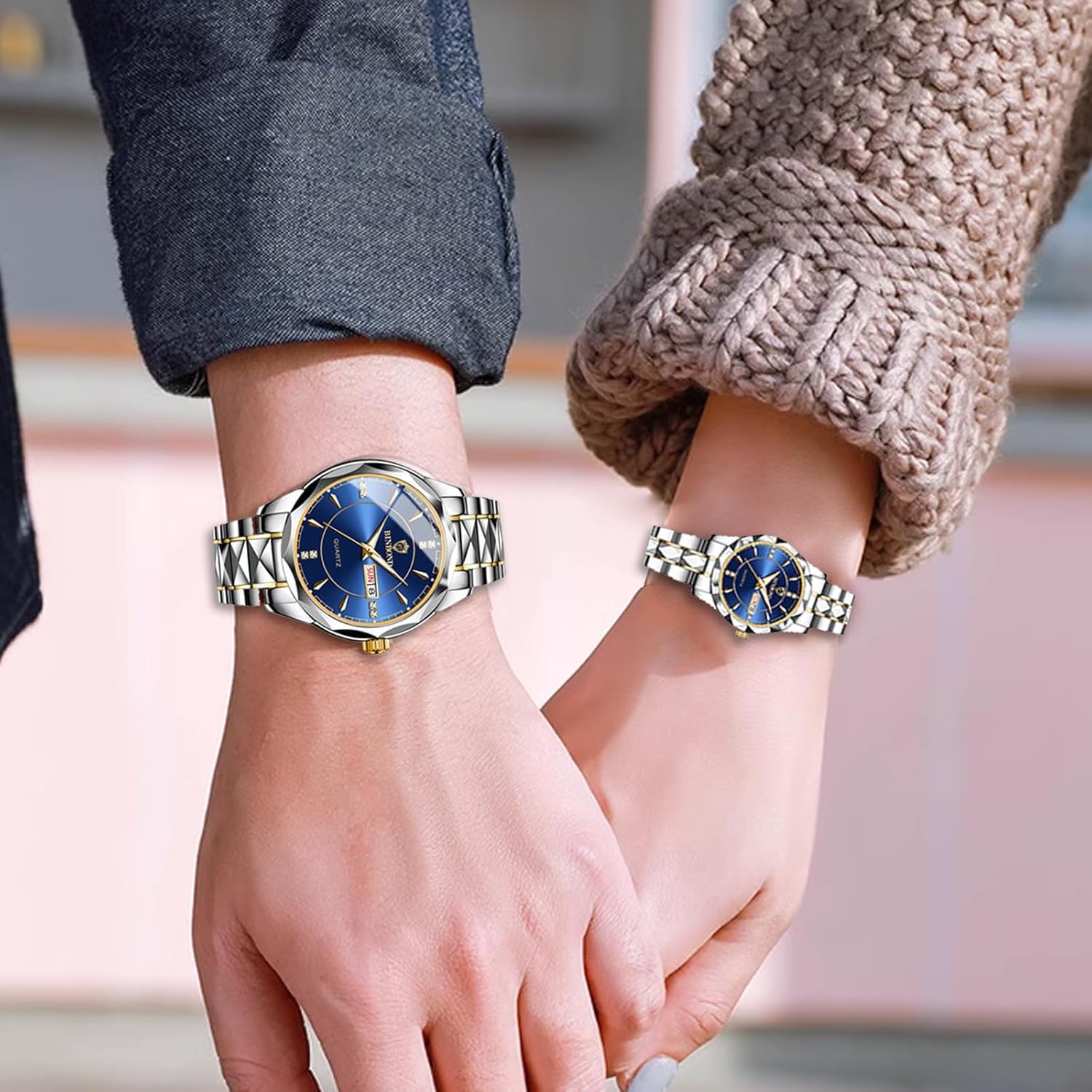 FANMIS Valentines Couple Pair Quartz Watches Luminous Calendar Waterproof Business Dress Luxury His and Hers Wristwatch Stainless Steel Couple Wedding Romantic Watch - Image 2