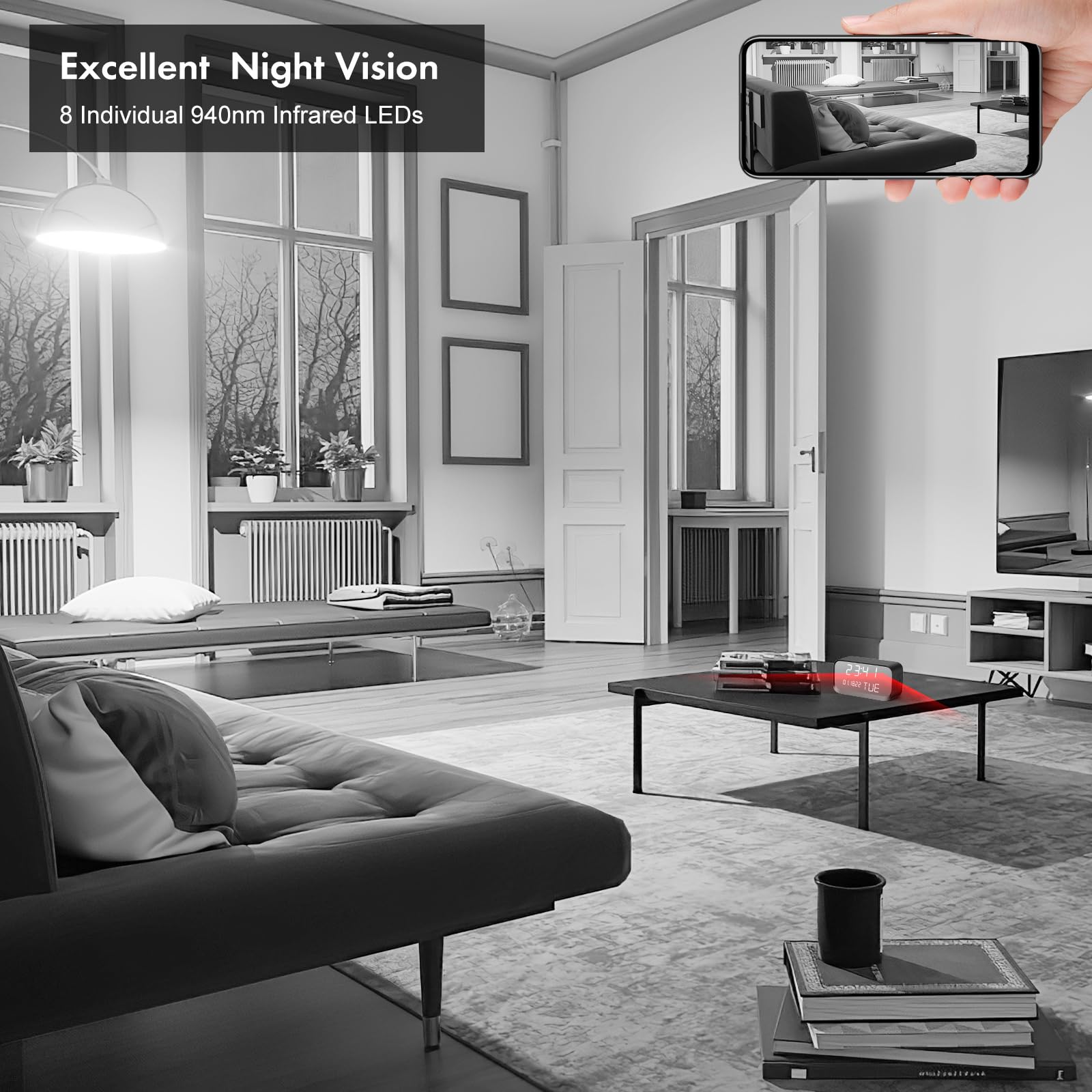 Caméra horloge – Caméra WiFi Nanny avec vidéo HD 1080p, détection de mouvement AI, vision nocturne claire, WiFi double bande, connectivité Bluetooth, stockage local et cloud, caméra