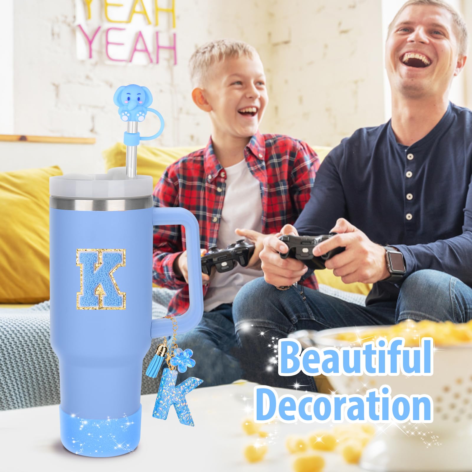 Mity rain Cup Accessories Set for stanley 30 oz 40 oz tumbler with handle, Including Initials Charms, Straw Cover Cap, Boot, Sticker, Silicone Spill Proof Stopper,Blue Decorate for Boy Girl (Letter K)