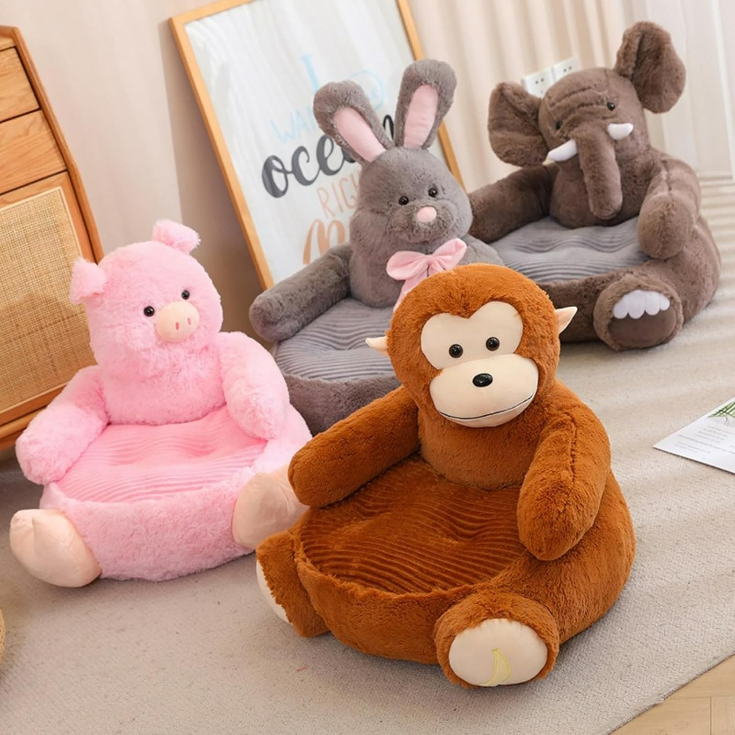 Cartoon Bean Bag Chair Small Kids Sofa Cute Couch Pouf Bear Armchair Kids Furniture Machine Washable (Monkey,with Filler)