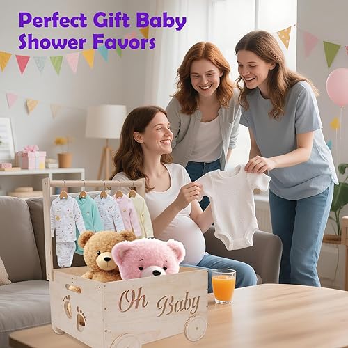 Miniatura 2 de Cestas de regalo para baby shower, armario de madera para bebés y niñas recién nacidos, caja de madera con asa y ruedas, cesta de decoración