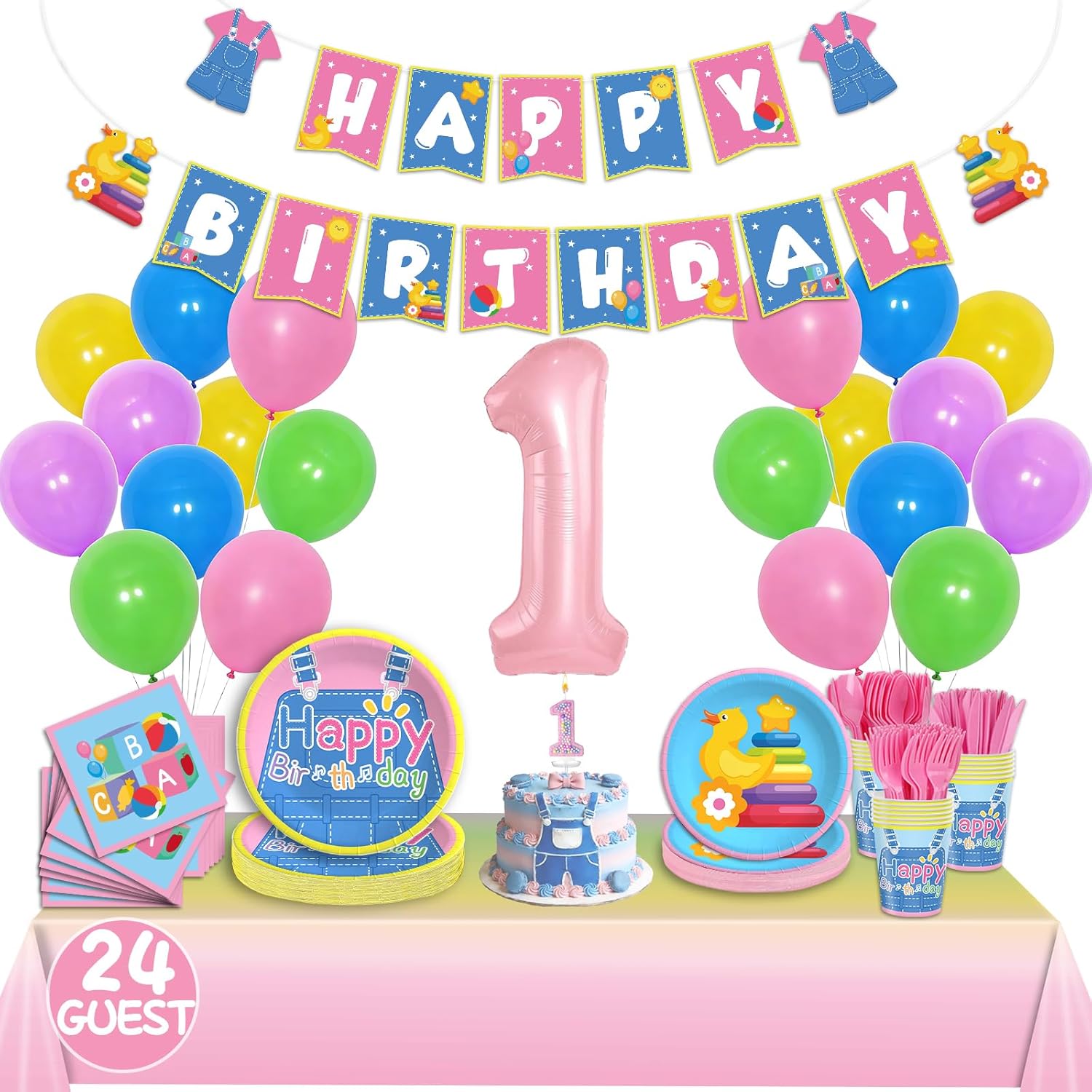 English Teacher Party Supplies, Fufuddz Rainbow Birthday Decorations Cartoon Teacher Party Plates and Napkins for Girls Boys 1st Birthday Banner Balloons Tablecloth Candle, Tableware Set for 24 Guests