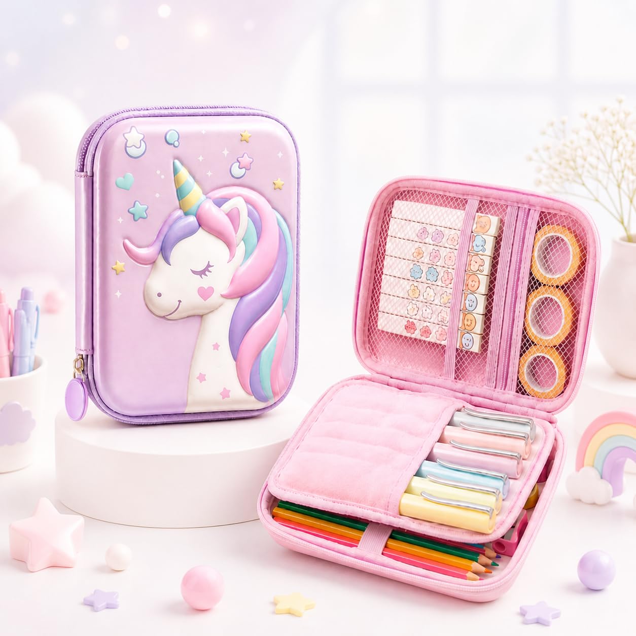 Famyo Cute Pink Unicorn Pencil Box for Girls | Hard Shell Aesthetic Stationery Case for Kids & Teens | Cute Pencil Pouch for School Girls | Pen Storage Box Organizer-image-34