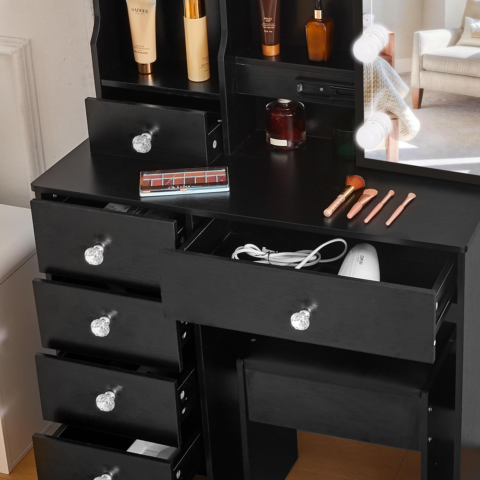 LIANWANG Coiffeuse avec Tabouret et Éclairage LED, Table de Maquillage avec 6 Tiroirs, Luminosité Réglable, 3 Températures de Couleur, Moderne, 131x36x80 cm