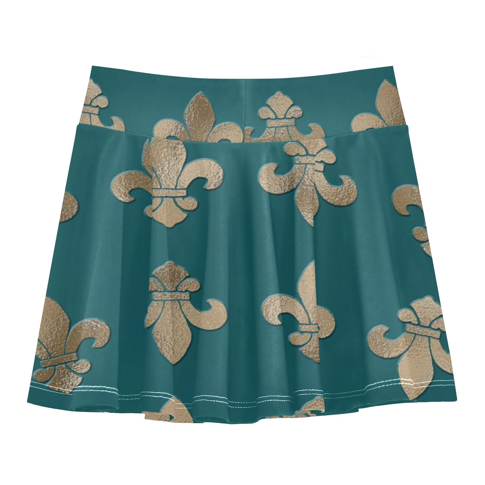 Aflyko Girls Pleated Skater Skirt Antique Gorgeous Fleur De Lis High Waist Cheerleading Dress Dance Skort with Lining Shorts Weekend Date Outfit Short Bottoms, 9-10T Multicoloured
