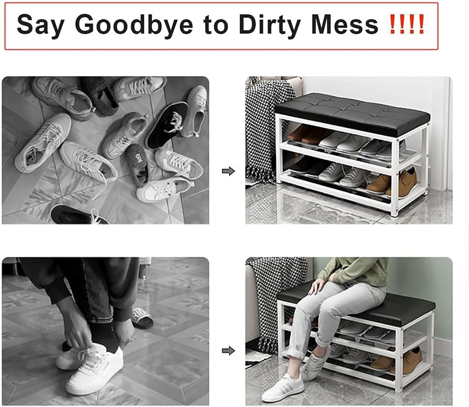 CKSEKD Shoe Rack Bench, Industrial Storage Bench with Padded Seat and Metal Shelf, 3-Tier Shoe Rack for Entryway Sturdy Steel Frame Hallway Living Room,B, 1