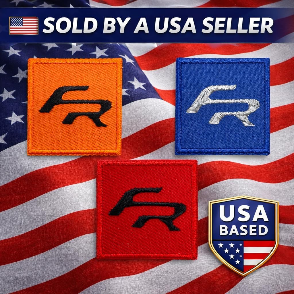FR Logo Patch – 10 Pack 1.25" Embroidered Iron-On or Sew-On Patches – Square Badge – Red, Blue, Orange (Orange Black)