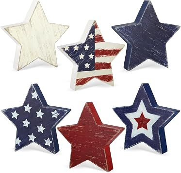 4th of July Decorations Wooden Star Set of 6, Red White and Blue Decorations, Retro Patriotic Memorial Day Tiered Tray Decor, Labor Day Independence Day Veterans Day Decor for Home Office Shelf