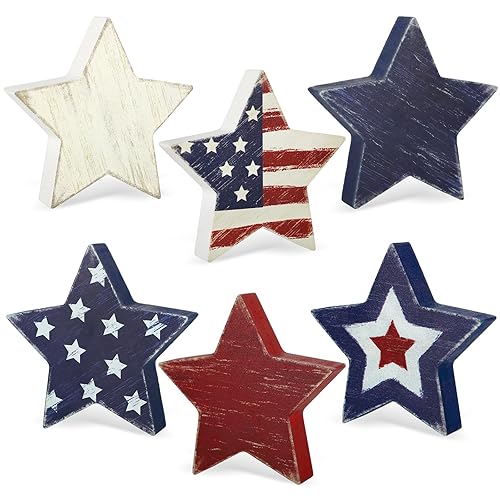4th of July Decorations Wooden Star Set of 6, Red
