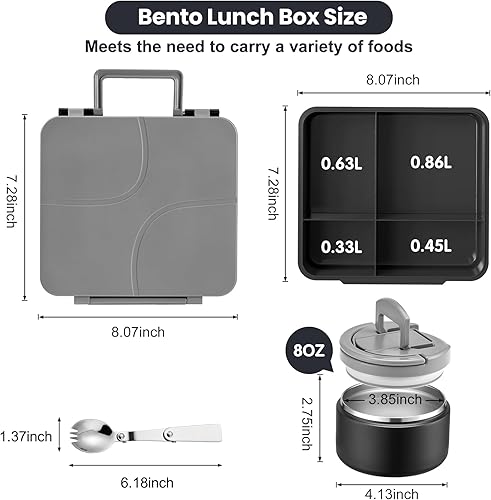 Miniatura 6 de Lonchera Bento para Niños con Termo para Sopa de 8oz, Contenedores de Comida para Almuerzo Impermeables para Niños con 4 Compartimentos, Tarro Negro
