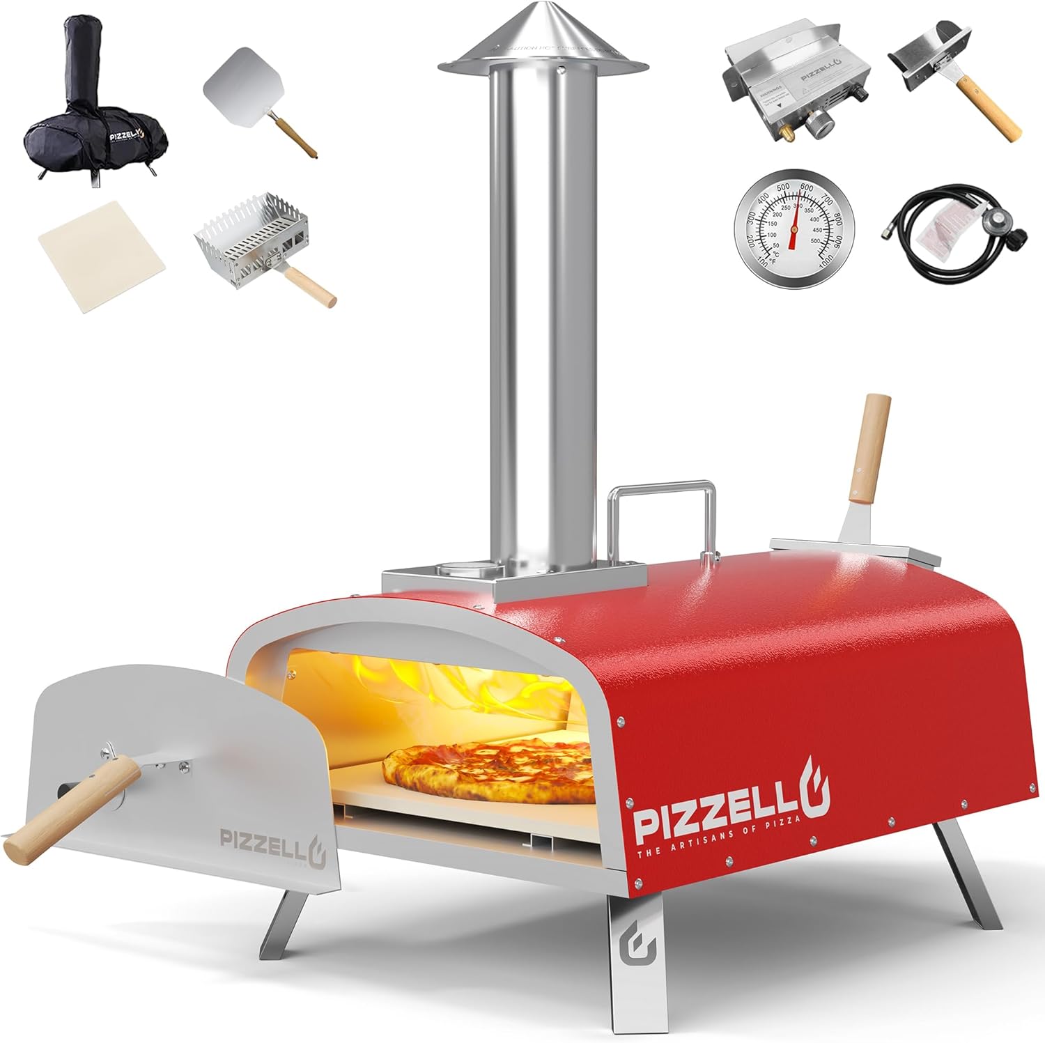 PIZZELLO 16 Outdoor Pizza Oven Propane Wood Fired Stainless Steel Pizza Grill with Gas Burner, Wood Tray Pizza Stone, Pizza Peel, Carry Bag (Red) PIZZELLO 16 Outdoor Pizza Oven Propane Wood Fired Stainless Steel Pizza Grill with Gas Burner, Wood Tray Pizza Stone, Pizza Peel, Carry Bag (Red)