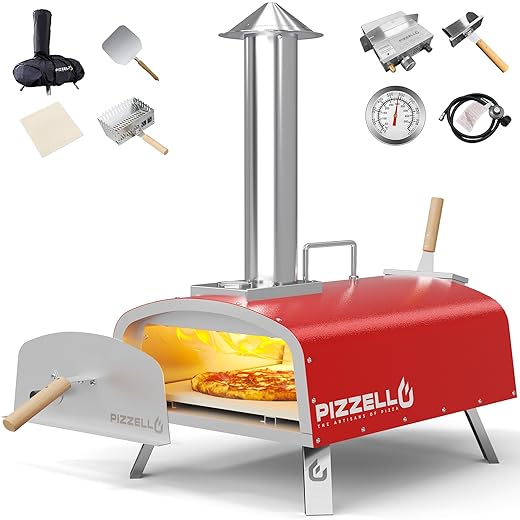 PIZZELLO 16" Outdoor Pizza Oven Propane & Wood Fired Stainless Steel Pizza Grill with Gas Burner, Wood Tray Pizza Stone, Pizza Peel, Carry Bag (Red)
