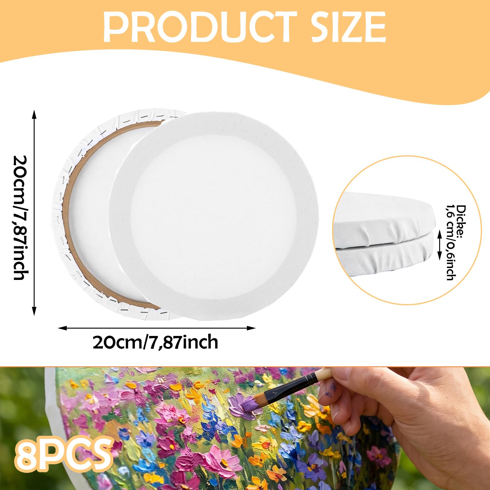 APACALI Lot de 8 toiles rondes de 20 cm de diamètre à peindre