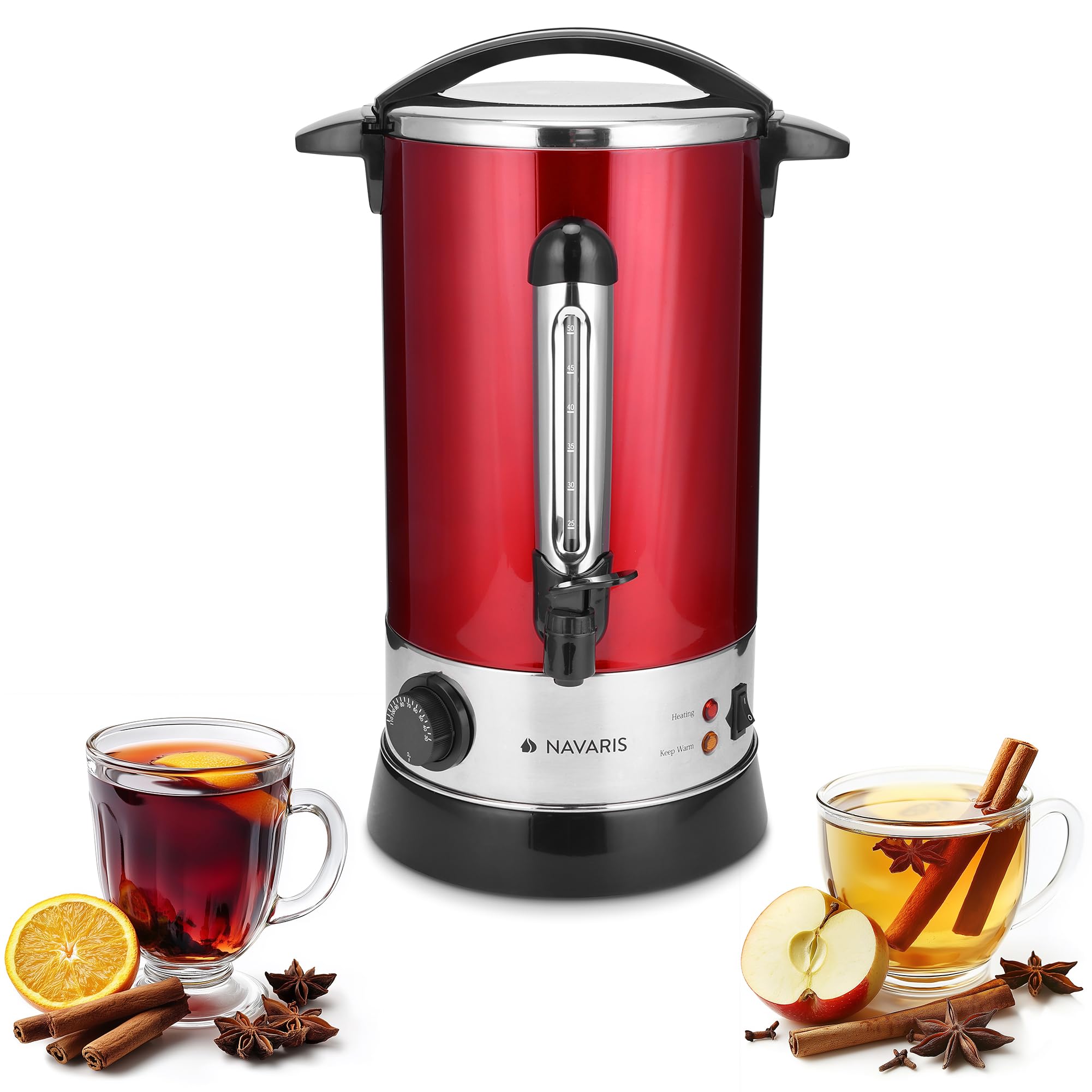 Navaris Pentola Bollitore 10l Vino Acqua - Dispenser Acqua Calda Vin Brulè Caffè - Distributore Elettrico Bevande Calde con Rubinetto - Rosso