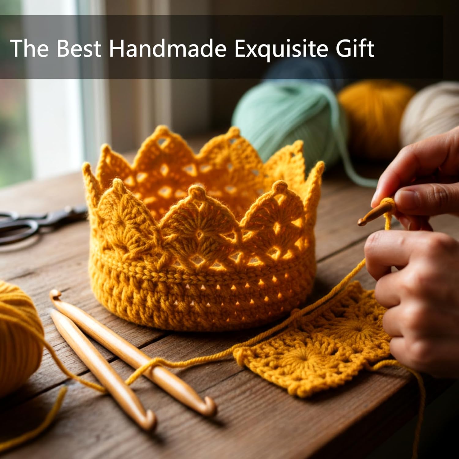 Syhood Handmade Crochet Crown Headband Golden Knit Birthday Crown Crochet Beanie Cap Birthday Gift for Party - Image 4