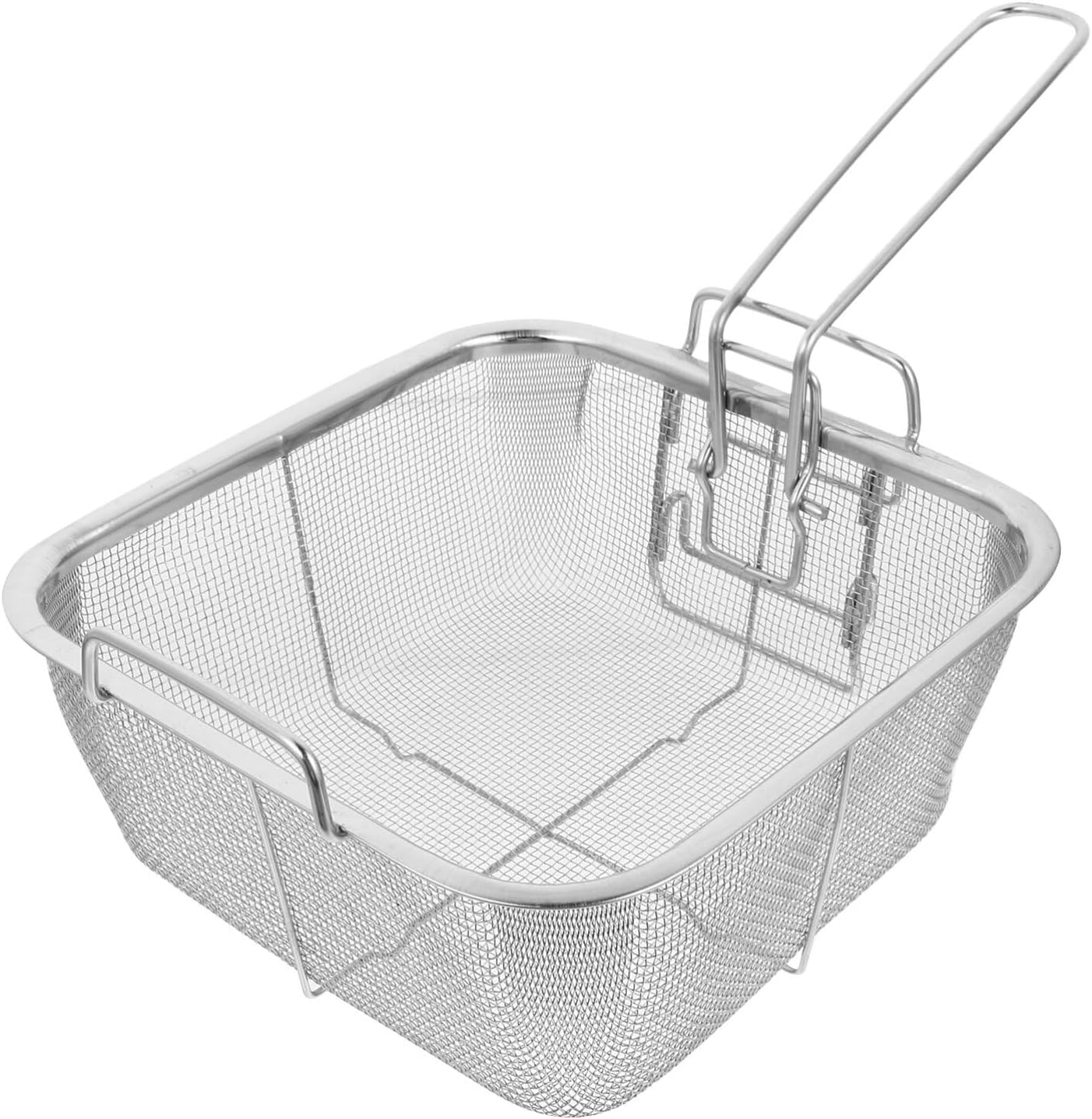 Snevad Square Stainless Steel Deep Fry Basket with Foldable Handle – Square Mesh Strainer for Frying French Fries, Pasta, Chips, Spaghetti Cooking Drain Basket for Kitchen, Boiling, Air Fryer, Snacks