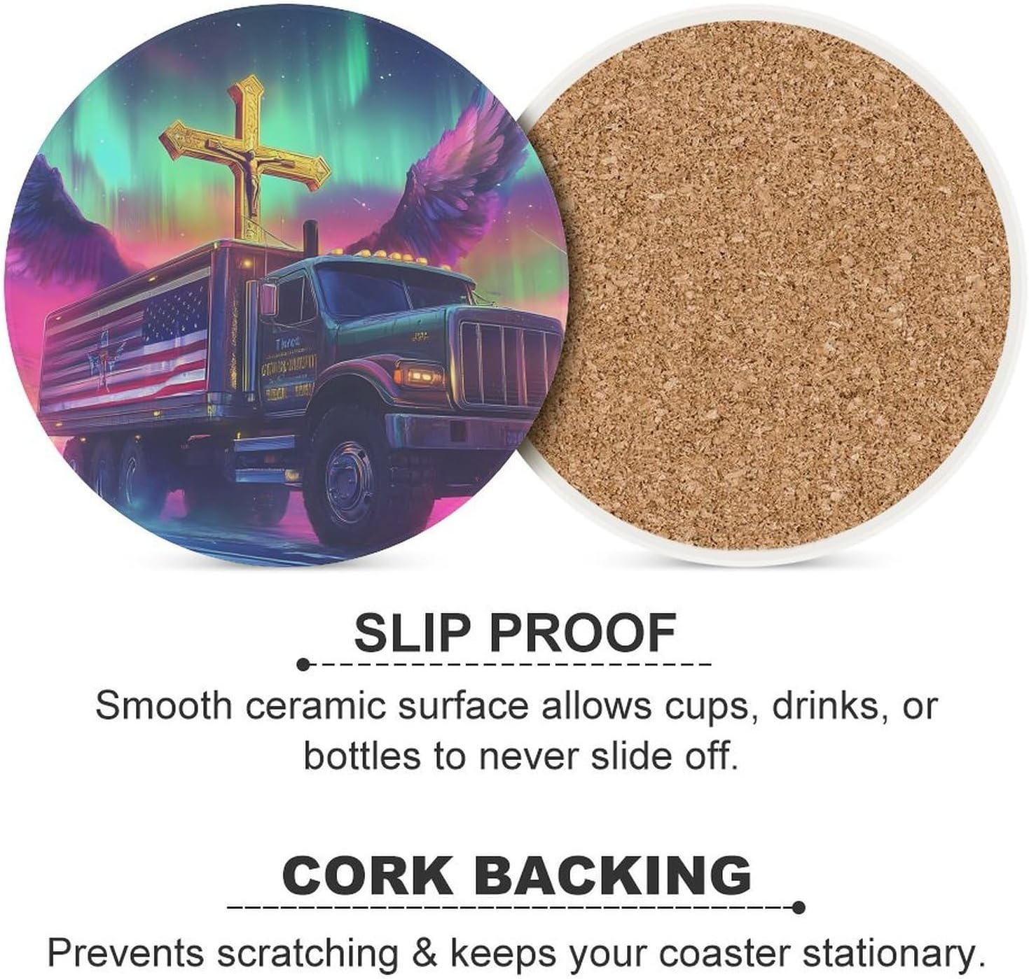 Truck with Wings Round Ceramic Coasters Print Drinks Absorbent with Cork Base for Home Decor Gifts 4 Inch