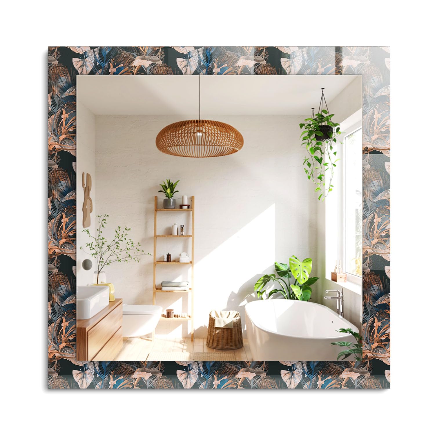 Grand miroir rectangulaire 60x60cm avec cadre en verre imprimé végétal