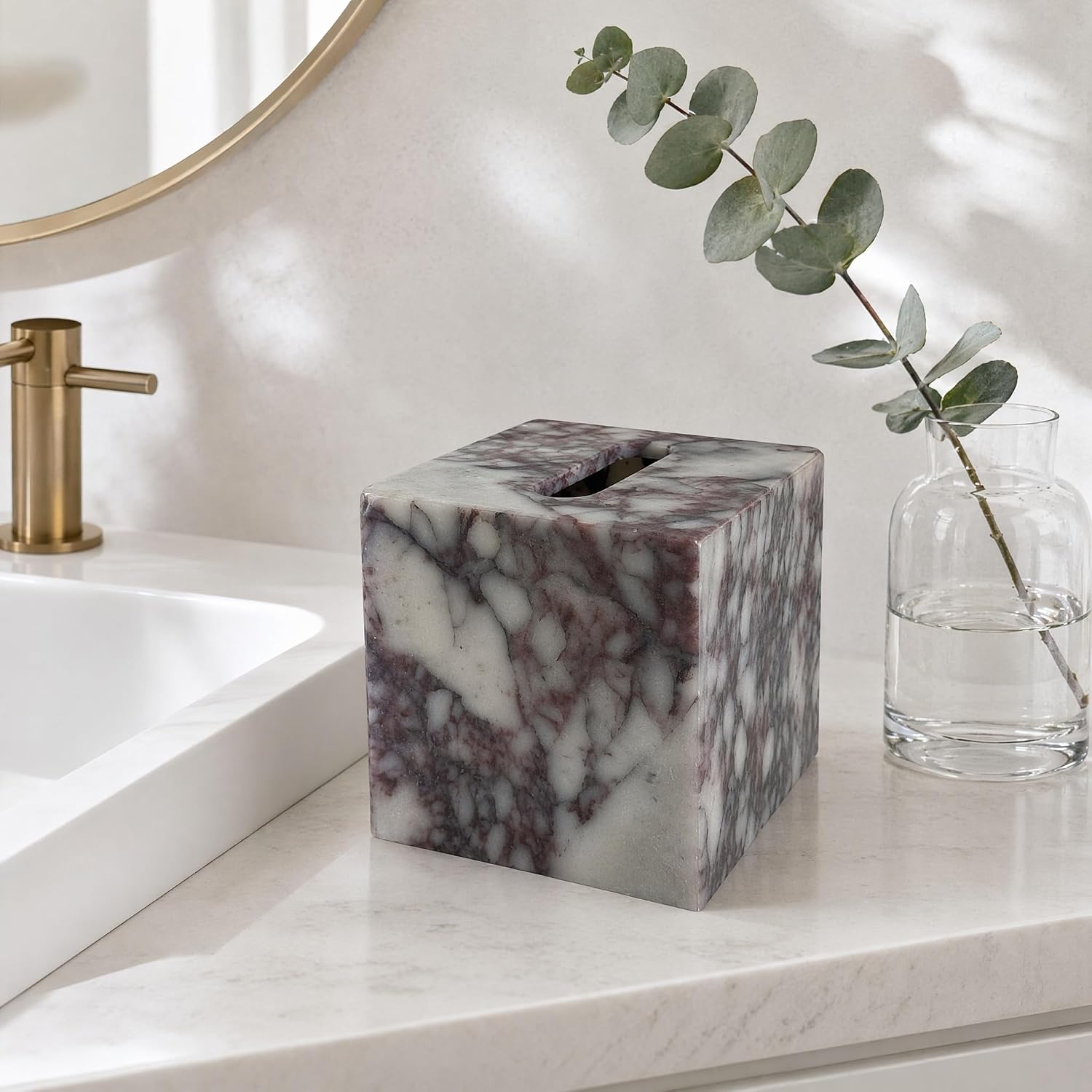 Luxury Natural Calacatta Viola Marble Tissue Box Cover with Magnetic Base | 5.5" Square Premium Stone Decorative Holder for Bathroom,Vanity, Countertop, Home, Office Desk - Heavyweight