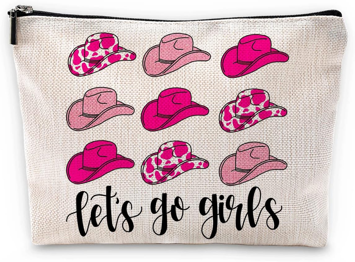 Sufamb Let's Go Girls Hot Pink Preppy Cowgirl Hats Makeup Bag, Western Country Cosmetic Pouch for Women, Christmas Birthday Gifts for Teen Girls, Cowgirl Gifts