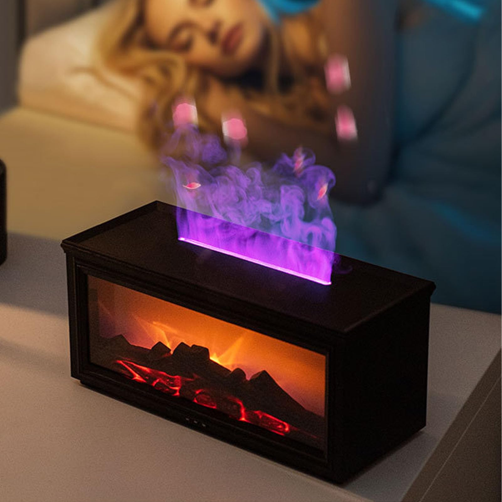 POENVFPO Diffusore di fiamma, umidificatore realistico per oli essenziali, per casa, ufficio, camera da letto, grande capacità, 280 ml (nero)