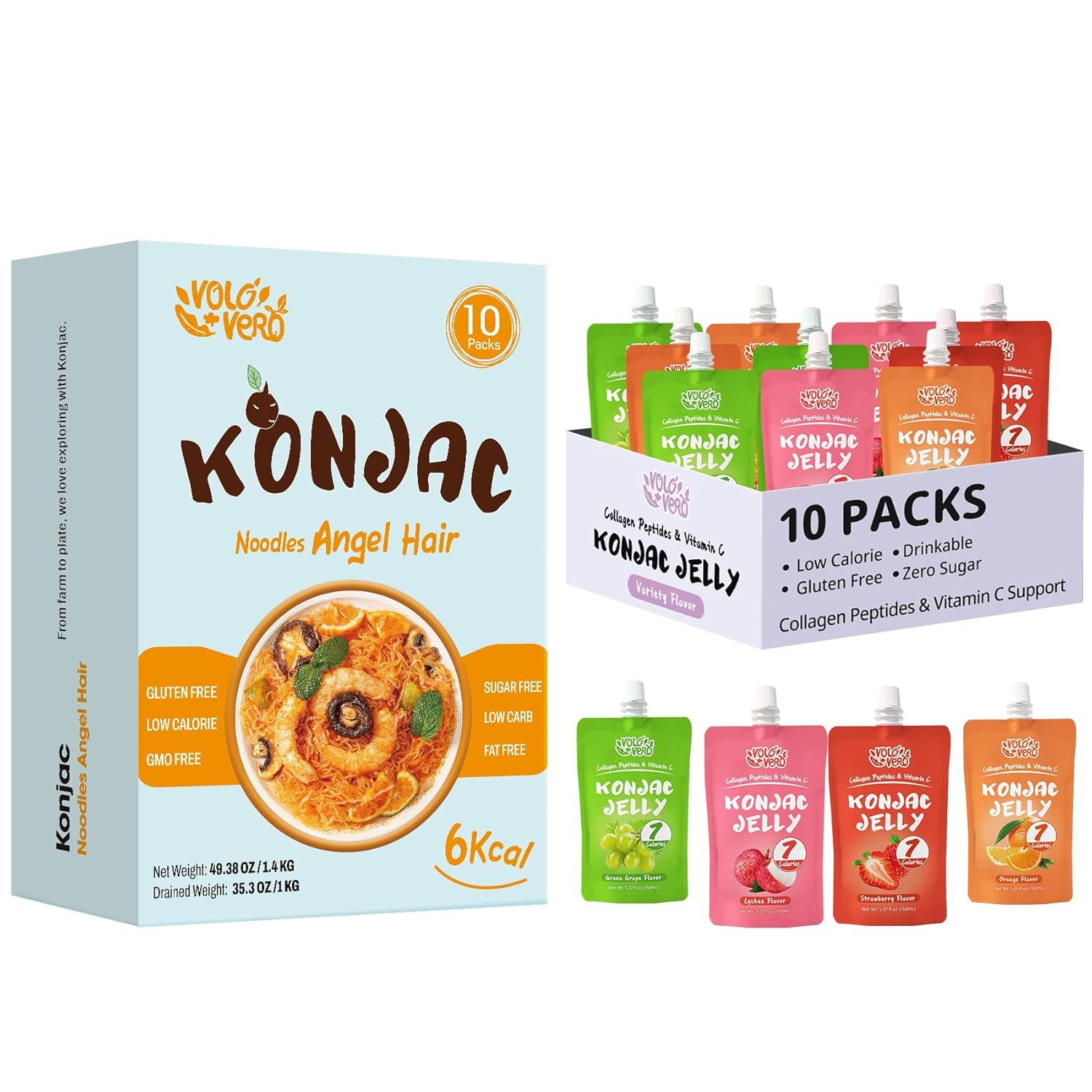 VOLO VERO Konjac Noodles, Konjac Jelly Pouch Variety Pack, 20 Packs, Gluten-Free, Sugar-Free, Keto, Low Calorie, Low Fat, Low GI, Ready-to-Eat Healthy Food Gifts