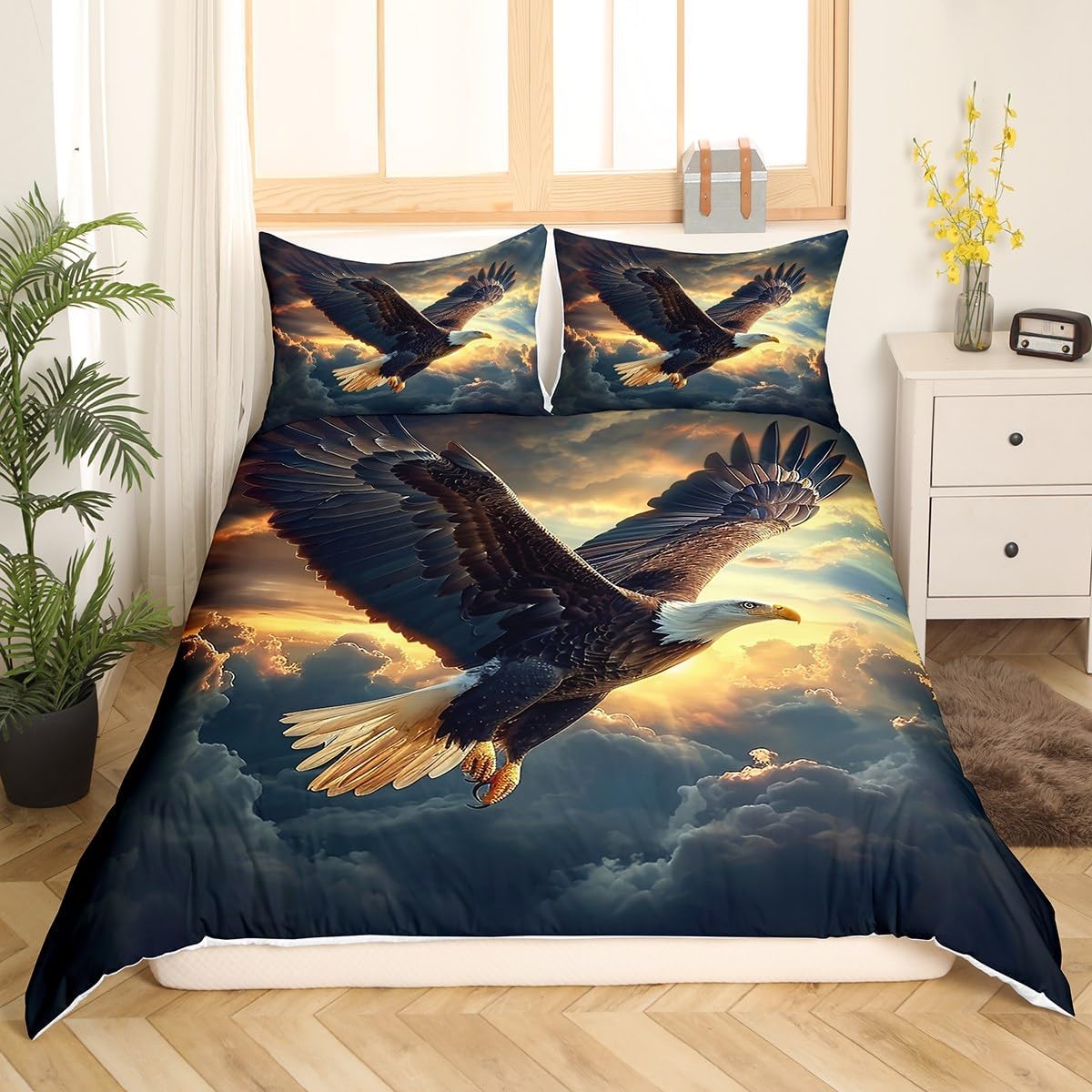 Manfei Eagle Duvet Cover Queen for Kids Boys, Wild Flying Animal Bedding Set with Zipper Closure Quilt Cover(No Filler),Nature Sunshine Clouds Sky Print Bedspread Cover 3 Pcs