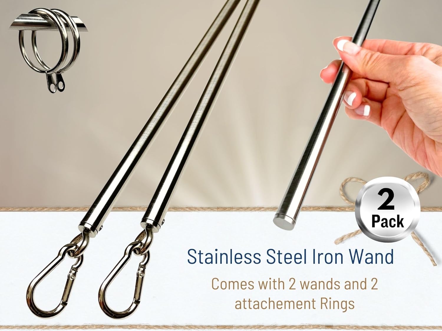 36 inch (2 Pack) Stainless Steel Iron Curtain Pull Wand - Drapery Pull Rod - Versatile Curtain Wand - Strong Metal Drapery Wand (36in SS 2Pk)