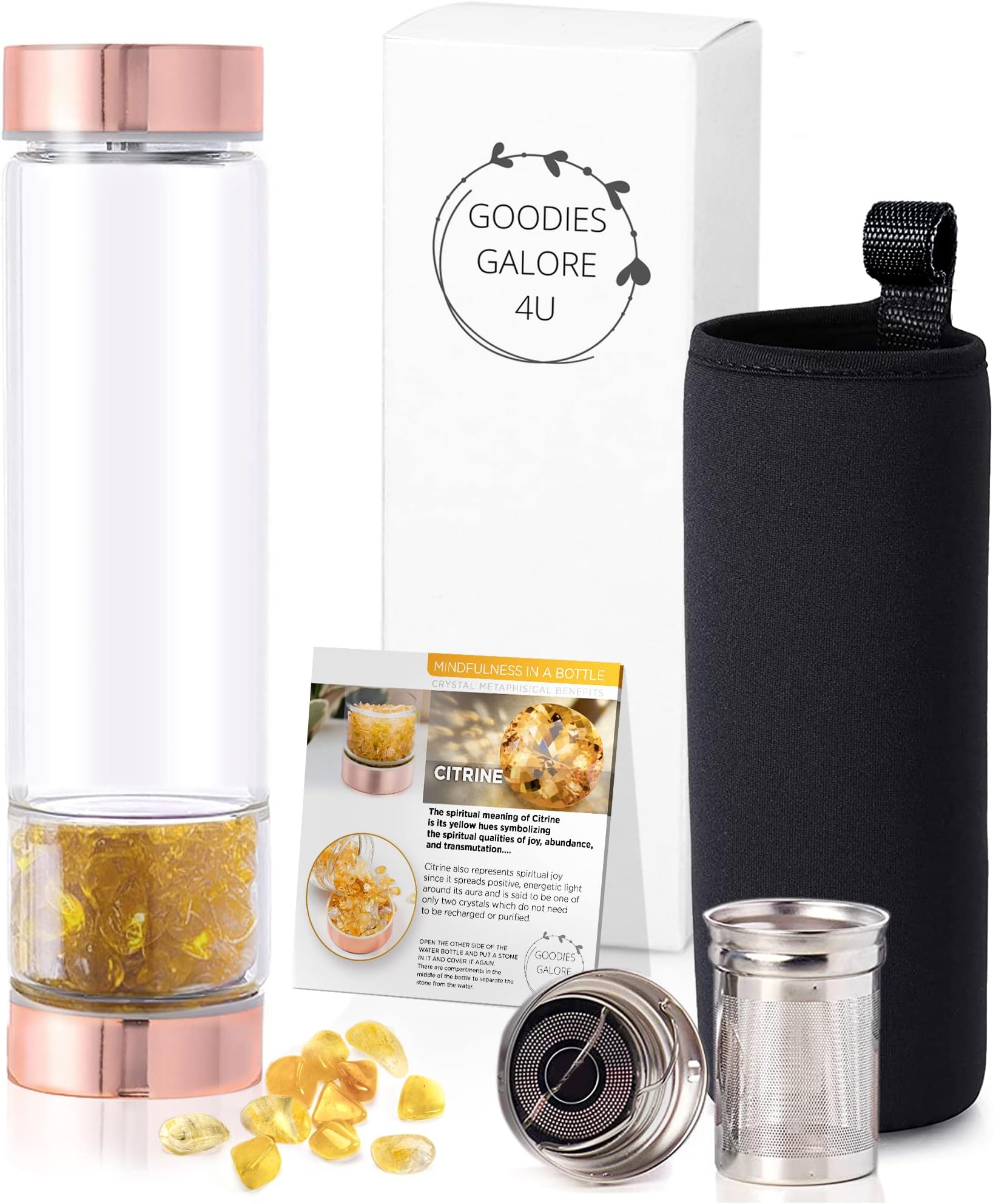 Goodies Galore 4U Citrine Crystal Water Bottle with Tea Infuser, Sleeve, Crystal Meaning Card, Loose Gem Stones, Great Healing Gifts for Women, rose