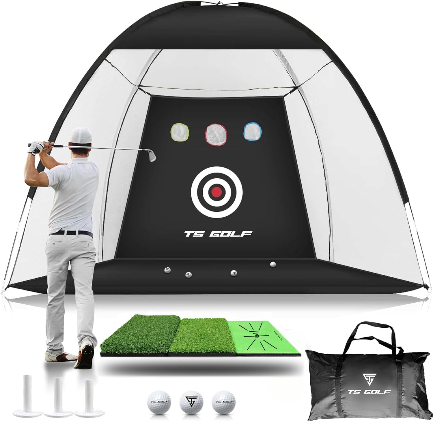 TS Golf- Golf Practice Net - 10x7ft - XL Tri-Turf Golf driving net and Mat, 3 Balls, 3 Rubber Tees, Carry Bag, golf nets for backyard driving